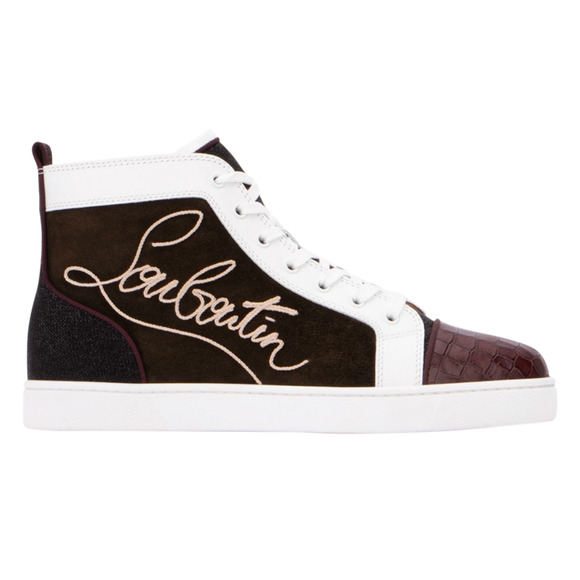 Christian Louboutin Mens Navy Louis Flat Alpino Brown High Top Sneaker 42.5 9.5